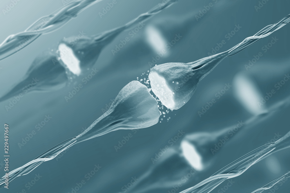 Poster sending chemical and electrical signals in a synapse and neuron. view from electron microscope. 3d r