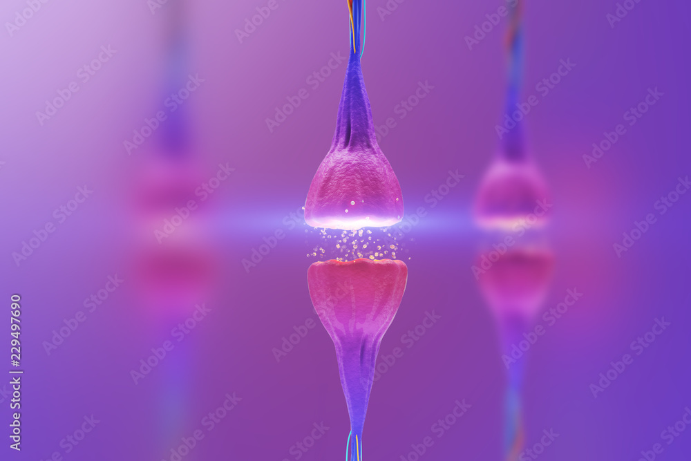 Poster synapse and neuron in the human nervous system. transfer of electron impulse in the brain. 3d render