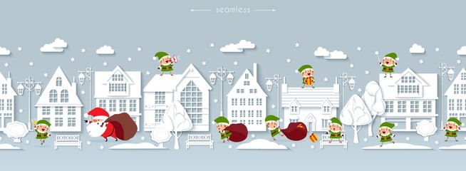 Seamless Christmas street, paper buildings, funny Santa Claus and elves, vector - 229497610