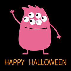 Happy Halloween. Cute pink monster icon. Cartoon colorful scary funny character. Eyes, hair, holding hands up, waving hand. Funny baby collection. Black background Isolated. Flat design.