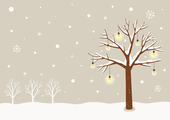 Winter tree with light lamp bulbs.Winter landscape