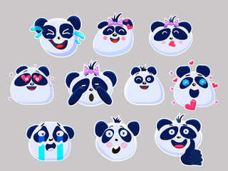 Vector set of cute funny emoji characters. Little  Chinese Pangas. Stickers. Flat style.