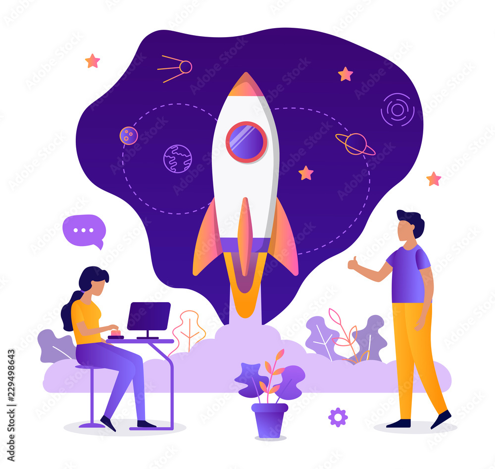 Poster missile launch. start new business projects. startup concept. teamwork. web development. flat vector