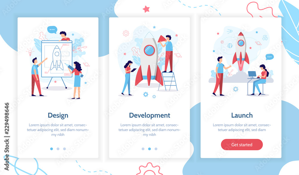 Poster the development team is working on the project. creation of a rocket. onboarding screens template. m
