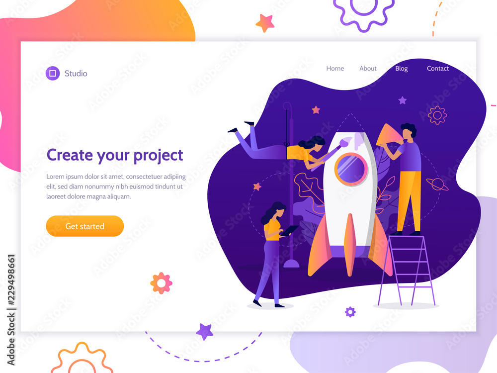 Poster a team of specialists is building a rocket. web banner design template. startup concept. teamwork an