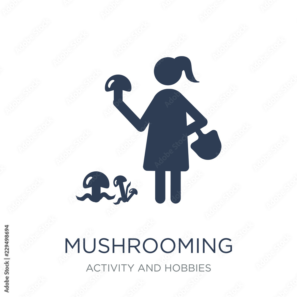 Poster mushrooming icon. trendy flat vector mushrooming icon on white background from activity and hobbies 
