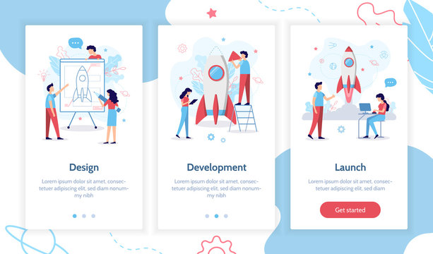 The development team is working on the project. Creation of a rocket. Onboarding screens template. Mobile app design. Business concept. Flat vector illustration.