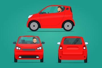 Red сompact city car set. Car with driver man side view, back view and front view. Vector flat illustration