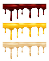Set Dripping seamless chocolate, honey, caramel, dripps, liquid drop and splash, blood repeatable isolated on white, vector and illustration.