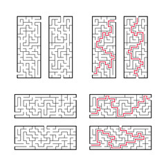 A set of rectangular mazes. Game for kids. Puzzle for children. One entrances, one exit. Labyrinth conundrum. Flat vector illustration isolated on white background. With answer.