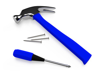 Hammer, screwdriver and nails on white background. 3D rendering