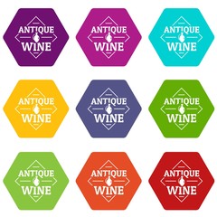 Antique wine icons 9 set coloful isolated on white for web