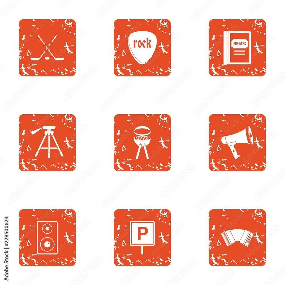 Poster rock meeting icons set. grunge set of 9 rock meeting vector icons for web isolated on white backgrou