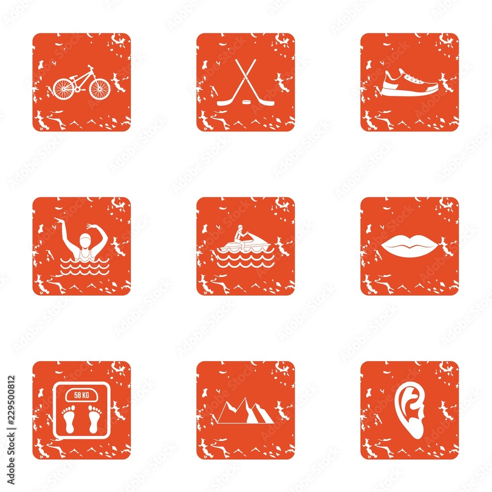 Poster relax in the mountain icons set. grunge set of 9 relax in the mountain vector icons for web isolated