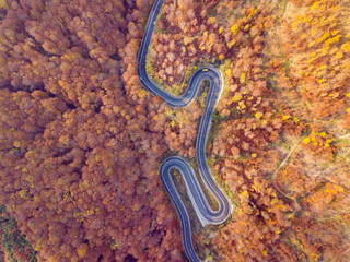 Winding road from high mountain pass, in autumn season.