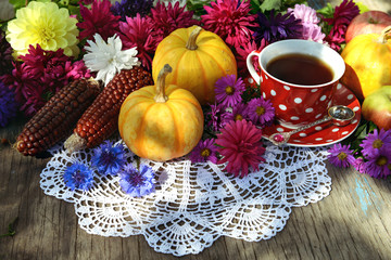 Still life with cup of tea, pumpkins, red corns and last autumn flowers on lace napkin. Autumn seasonal background, thanksgiving day concept