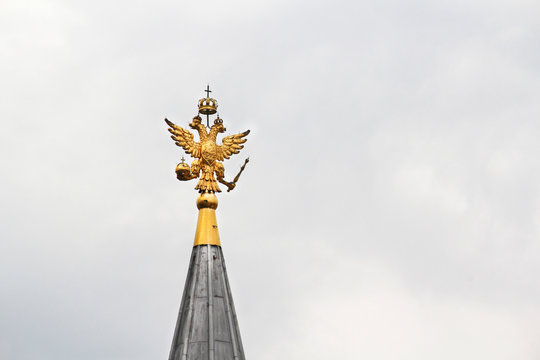 A two-headed eagle on top of a tower at the Red square, Moscow