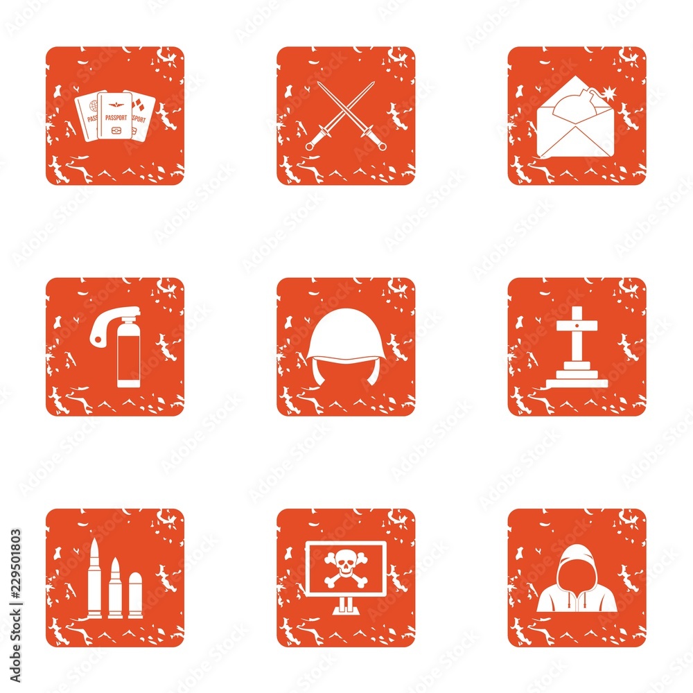 Poster insecurity icons set. grunge set of 9 insecurity vector icons for web isolated on white background
