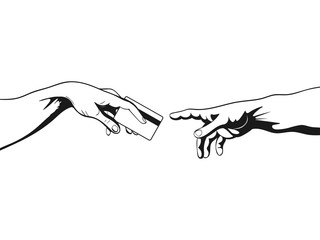 Payment by credit card. Hands on white background. Vector illustration