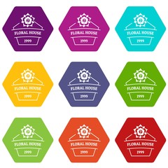 Flower house icons 9 set coloful isolated on white for web