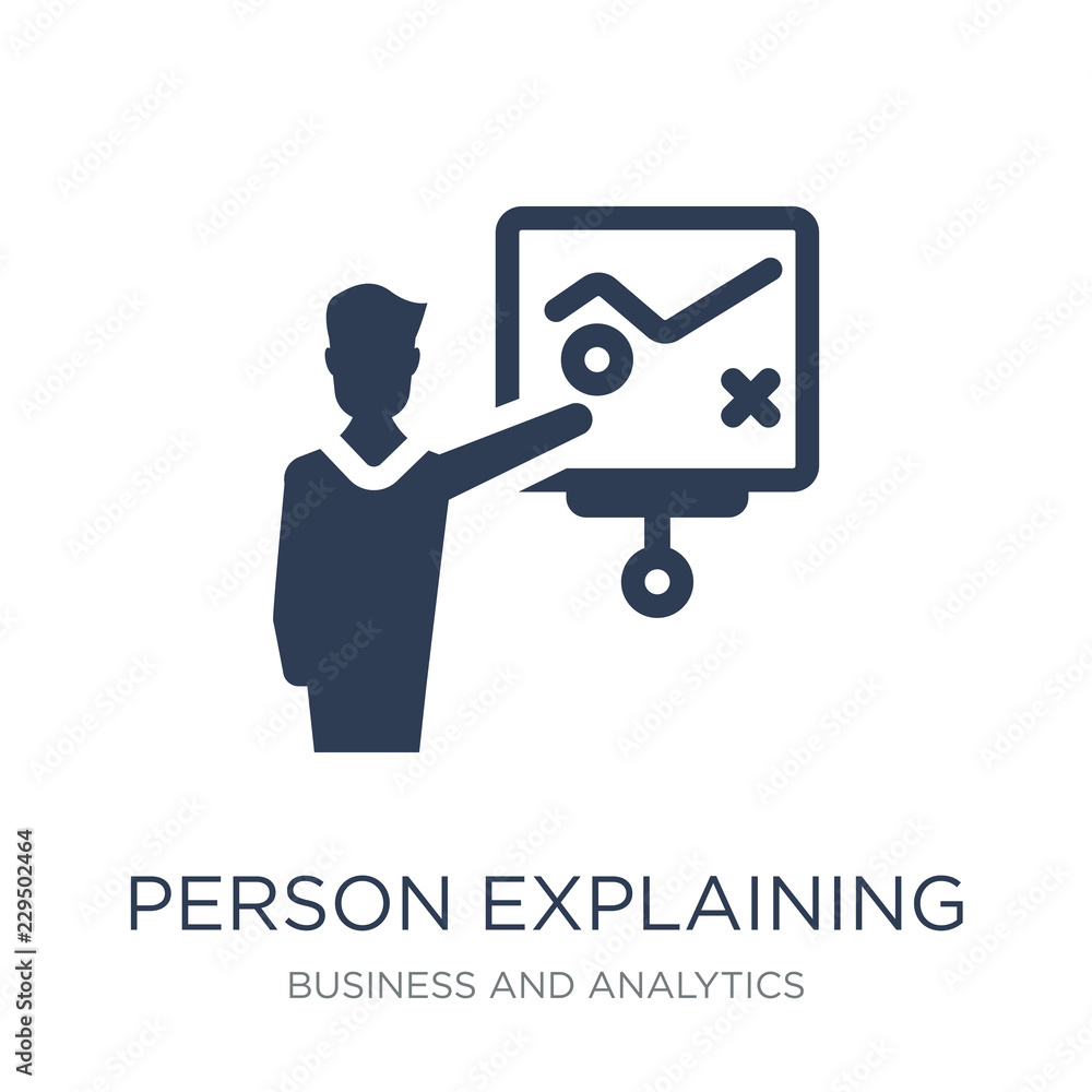 Poster person explaining strategy icon. trendy flat vector person explaining strategy icon on white backgro