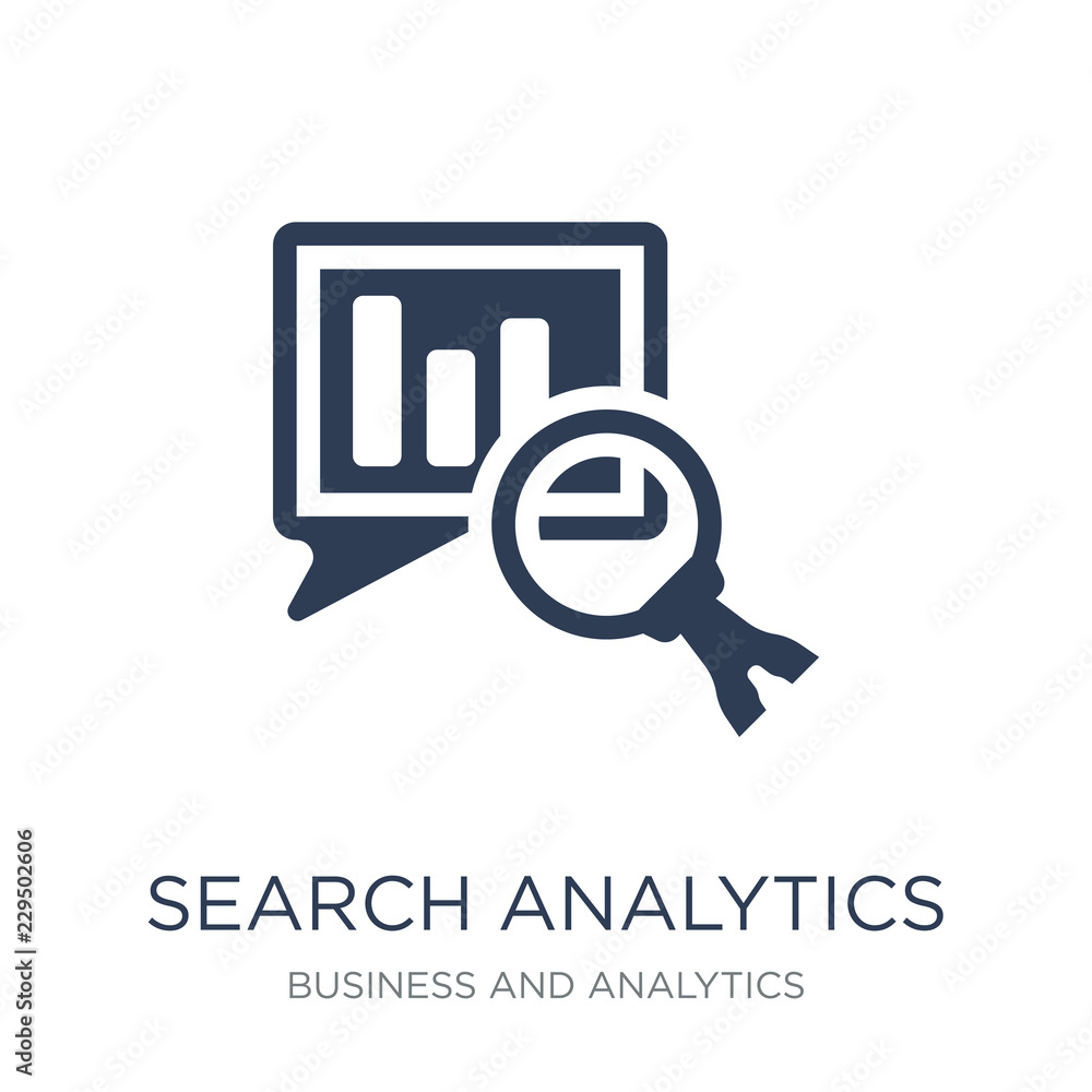 Poster search analytics icon. trendy flat vector search analytics icon on white background from business an