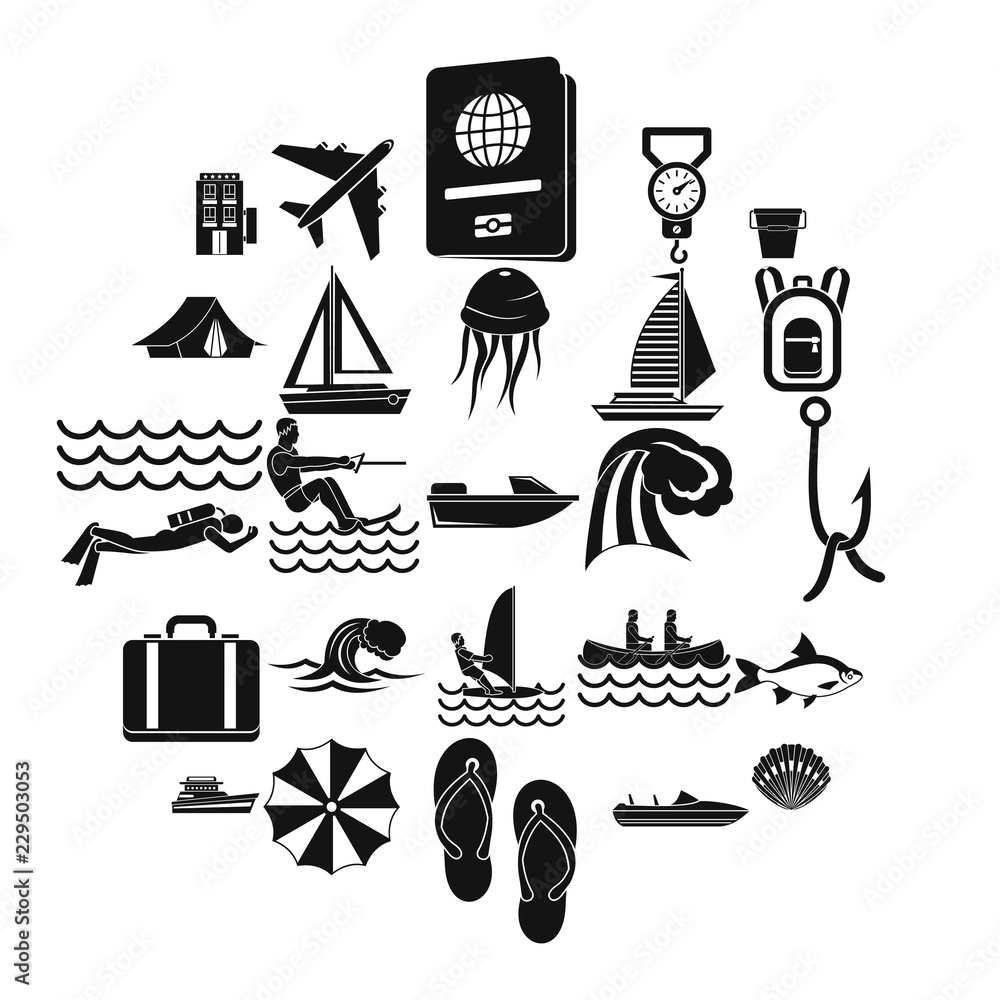 Poster rest on the water icons set. simple set of 25 rest on the water vector icons for web isolated on whi