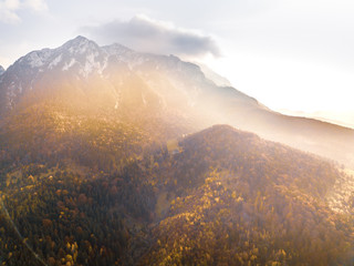 Autumn landscapes of Piatra Craiului Mountain, Romania. Aerial view from the drone. 