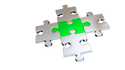 Four Grey Puzzle Pieces encircle One Green Piece