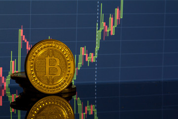 Bitcoin coin on the background graphics close-up