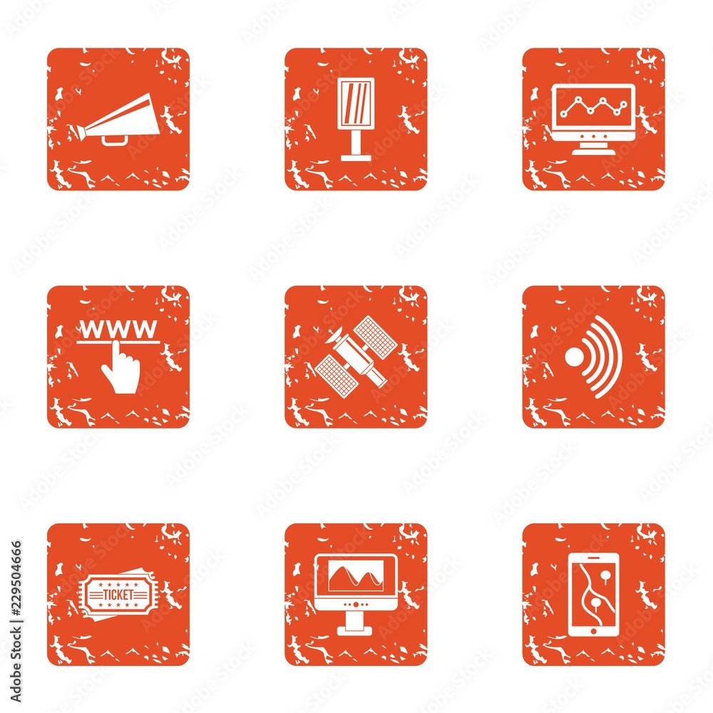 Poster satellite intervention icons set. grunge set of 9 satellite intervention vector icons for web isolat