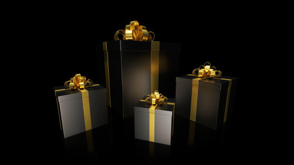 black gift boxs with golden ribbon bow on the dark background - Powered by Adobe