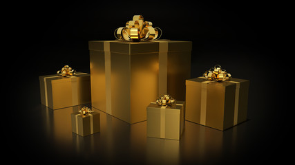golden gift boxs with golden ribbon bow on the dark background