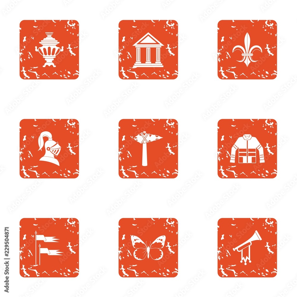 Poster global history icons set. grunge set of 9 global history vector icons for web isolated on white back