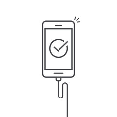 Mobile phone connected wire charger vector illustration, line outline art smartphone with checkmark or tick with success cable connection, concept of update done, accept complete icon