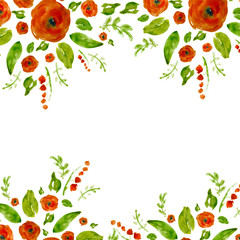 Painted watercolor composition with flowers and leaves. Frame of roses. Floral border. Can be used as invitation card for wedding, birthday, other holiday, summer background, poster, banner.