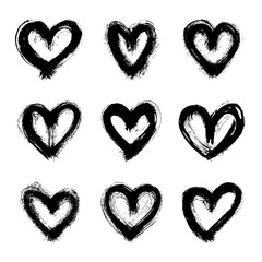 Set of 9 hand-drawn hearts isolated on white background. Rough shapes. Doodle style abstract ink grunge texture.