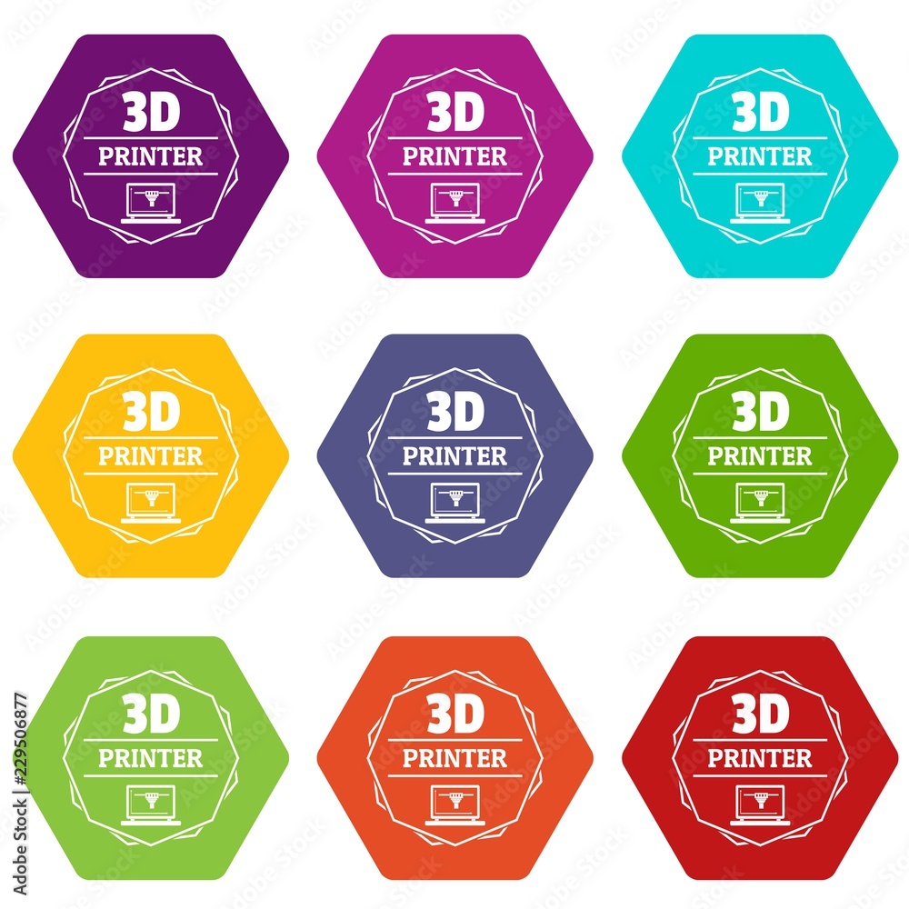 Poster modeling 3d printing icons 9 set coloful isolated on white for web