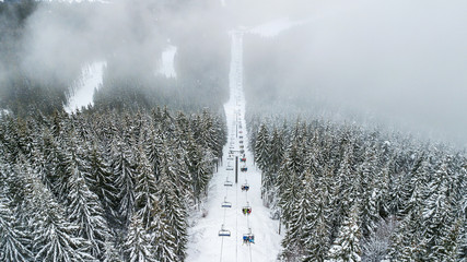 Bukovel, UKRAINE - December 25, 2017: Aerial view of the cable car in the ski resort