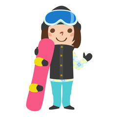 女の子のイラスト。ウィンタースポーツのスノーボードをしようとしている。