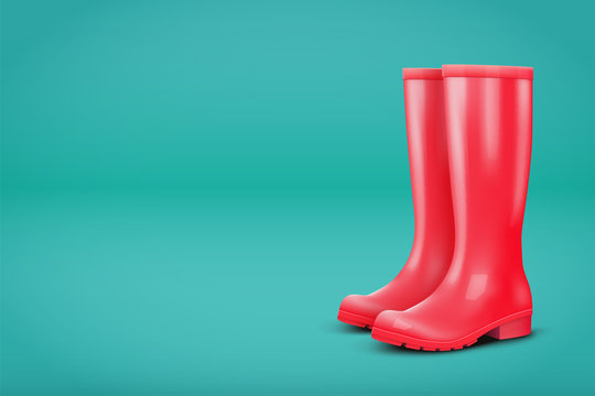 Autumn Advert Illustration. Pair of red rubber rain boots on blue background. Season sale and marketing. Shopping poster with copy space in trendy color. Vector