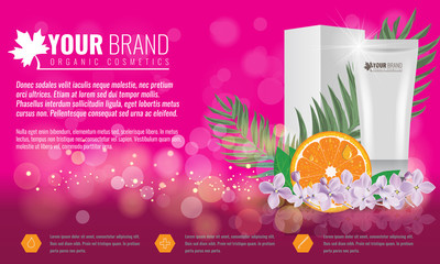 Naklejka premium Pink Cosmetics product ads poster template. Cosmetic beauty mockup. Cream tube package with flowers and palm leaf. Vector illustration.