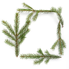 creative flat layout of Christmas tree branches on white background. top view,. Christmas, New Year background.