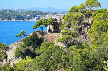 The castle on the rock among the green pine trees and the sea in the background.