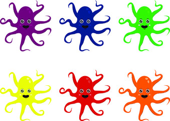 Set of multicolor smiling octopuses on white background