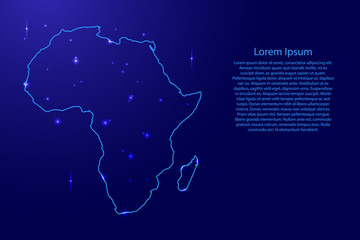 Map Africa from the contours network blue, luminous space stars for banner, poster, greeting card. Vector illustration.