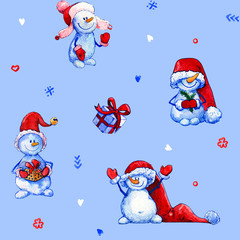 Snowman Christmas New Year watercolor pattern big blue