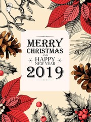 Vector christmas card with holly and pine cones