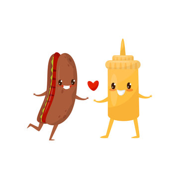 Hot dog and mustard are friends forever, fast food menu funny cartoon characters vector Illustration on a white background