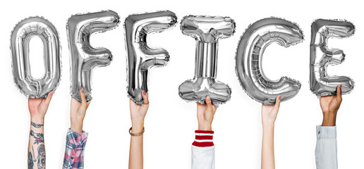 Hands showing office balloons word